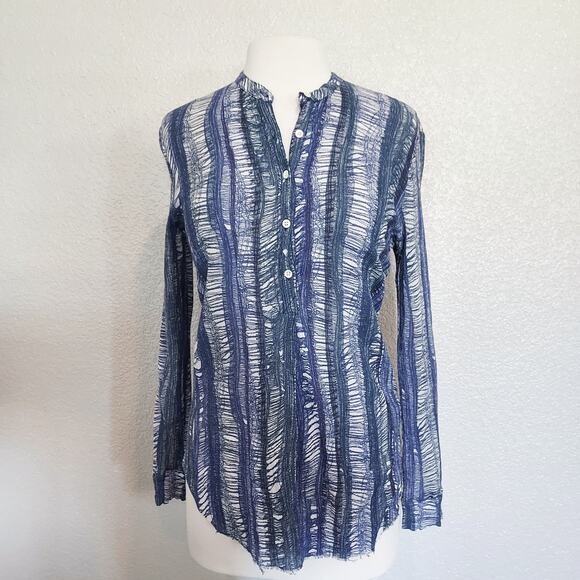 Raquel  Allegra Blue/White Linen Blend Blouse - Picture 1 of 13
